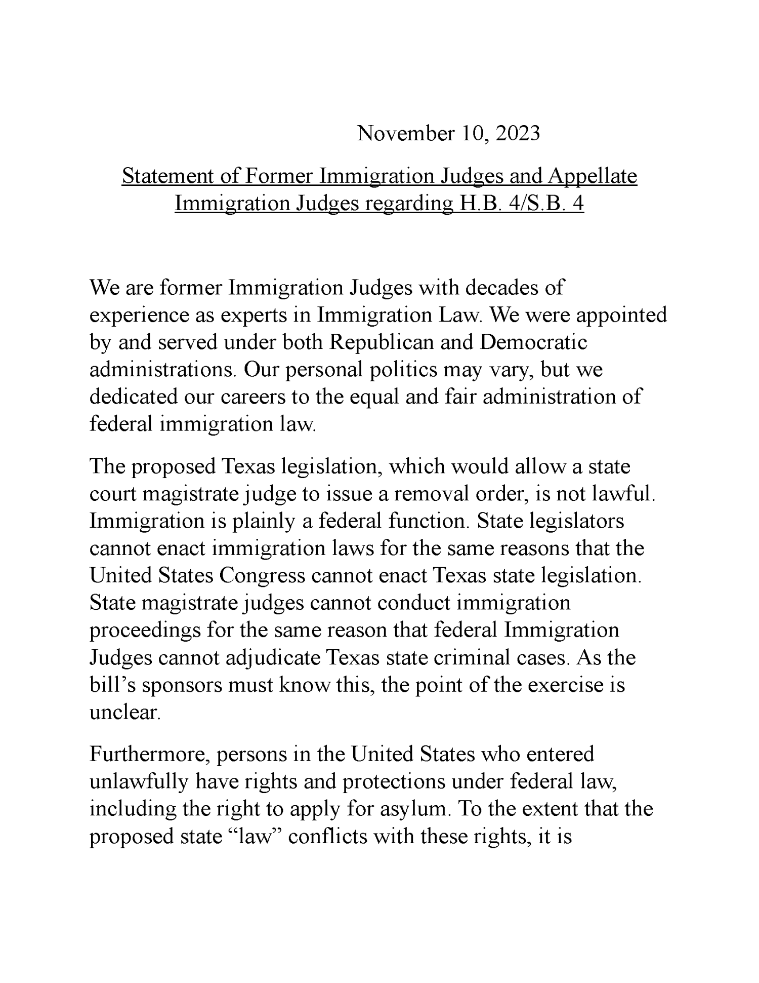 Statement of Former Immigration Judges and Appellate Immigration Judges Statement of Former Immigration Judges and Appellate Immigration Judges